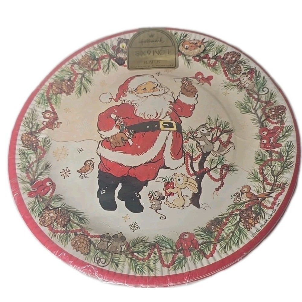 Vintage Hallmark NEW Christmas Paper Plates 9" Santa Woodland Animals Sealed